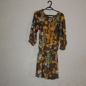 ivy jane Brown Floral Long Sleeve Boho Dress with Yellow & Teal Accents